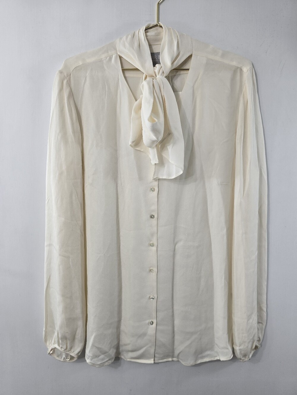 Pure Collection Silk Tie Neck Button Front Collarless Long Sleeve Top Size 14/16